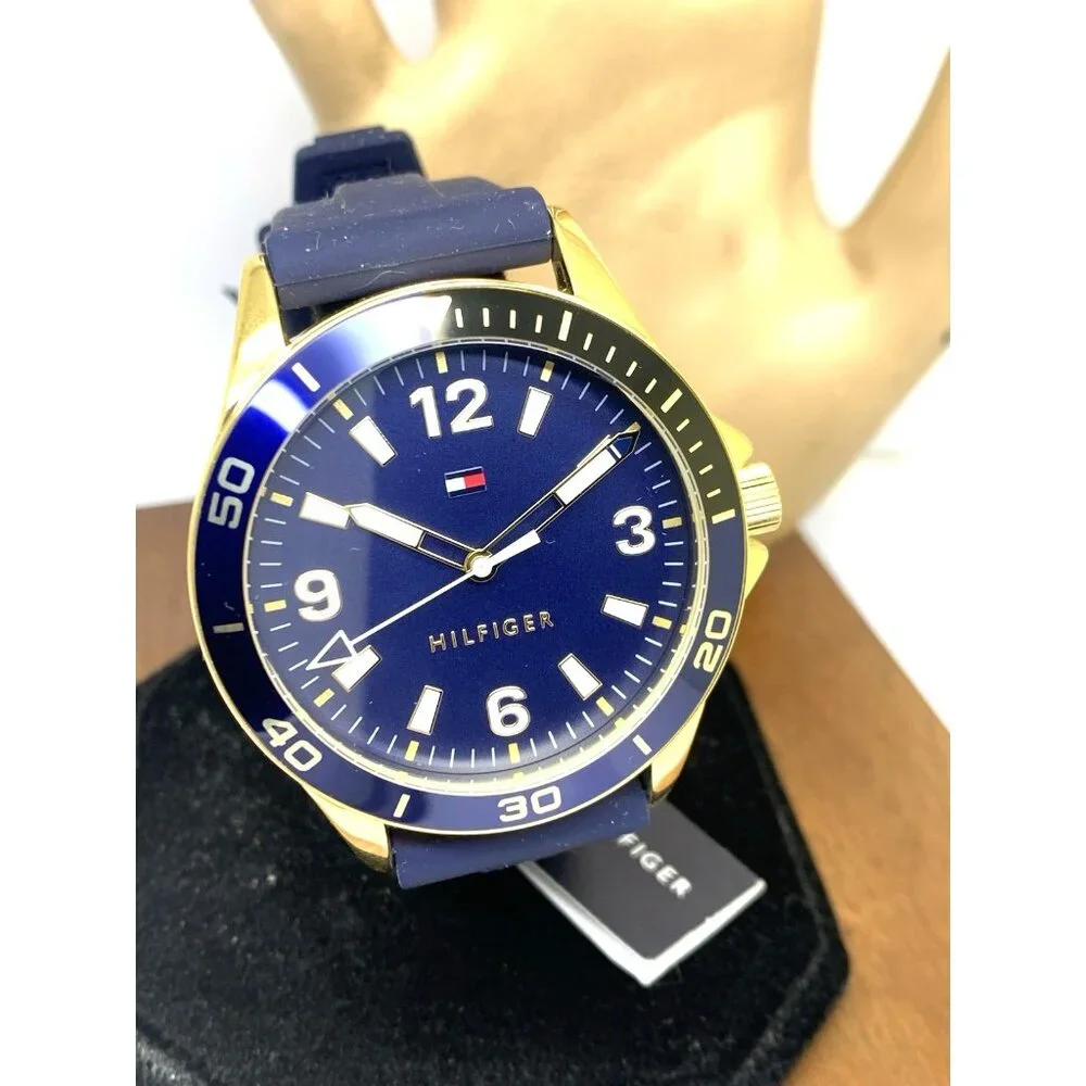 Tommy Hilfiger Men's Watch 1791868 Quartz Gold Blue Dial Rubber Strap 44mm